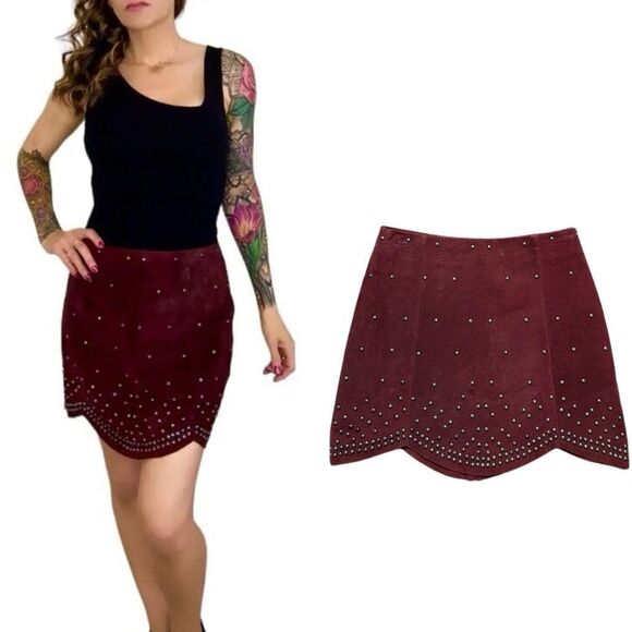 FREE PEOPLE Studded Suede Scalloped Edge Festival Skirt Brick Red Size 0 - Picture 1 of 8